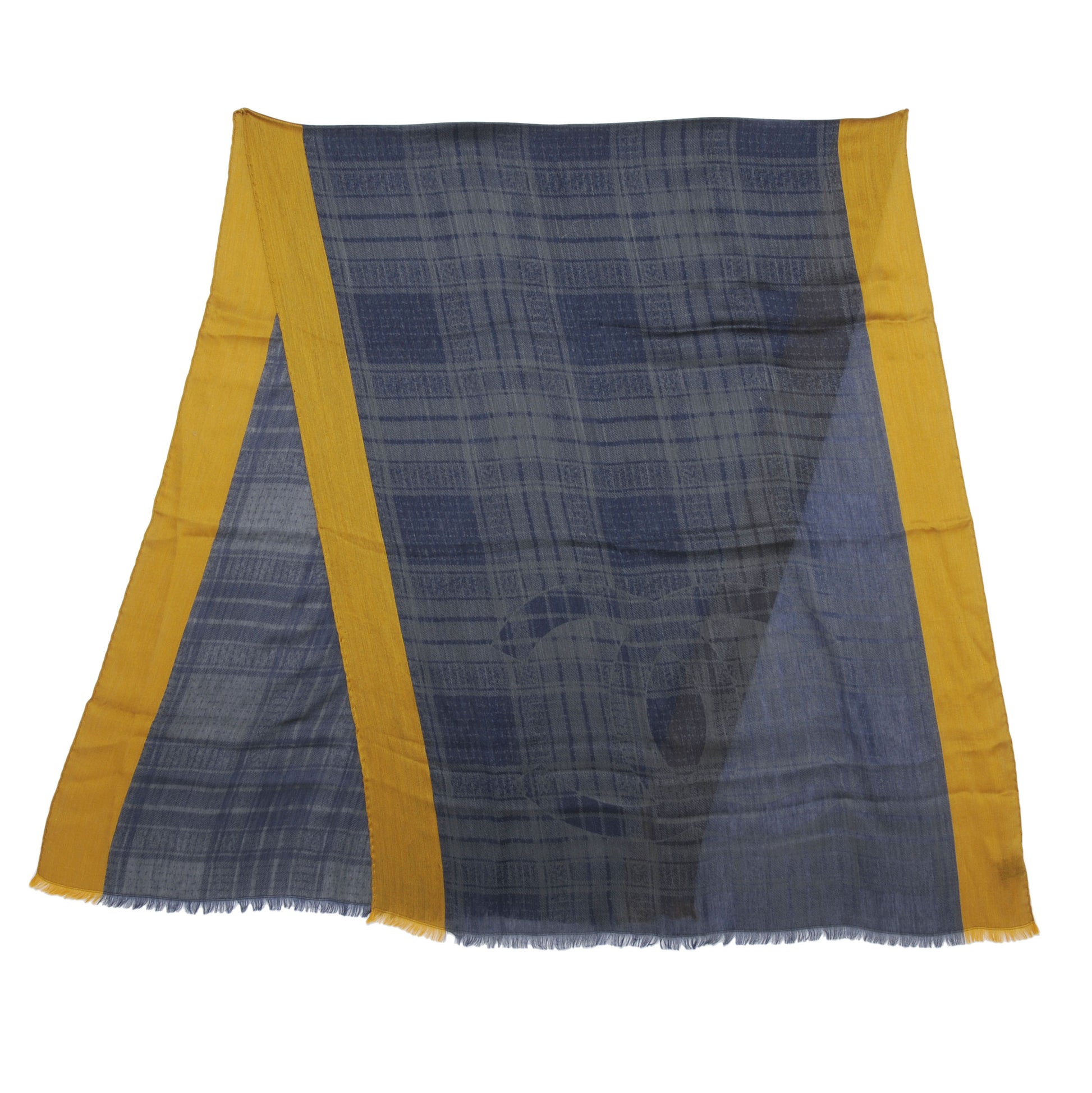 Chanel Cashmere Silk Plaid CC Scarf Navy Yellow 3 of 6