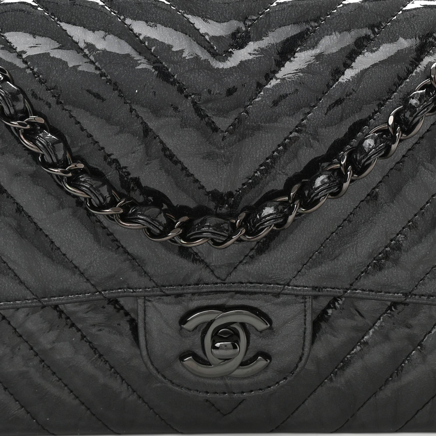 Chanel Metallic Patent Crumpled Calfskin Chevron Quilted Medium Double Flap So Black 8 of 11