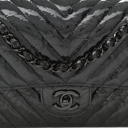 Chanel Metallic Patent Crumpled Calfskin Chevron Quilted Medium Double Flap So Black 8 of 11