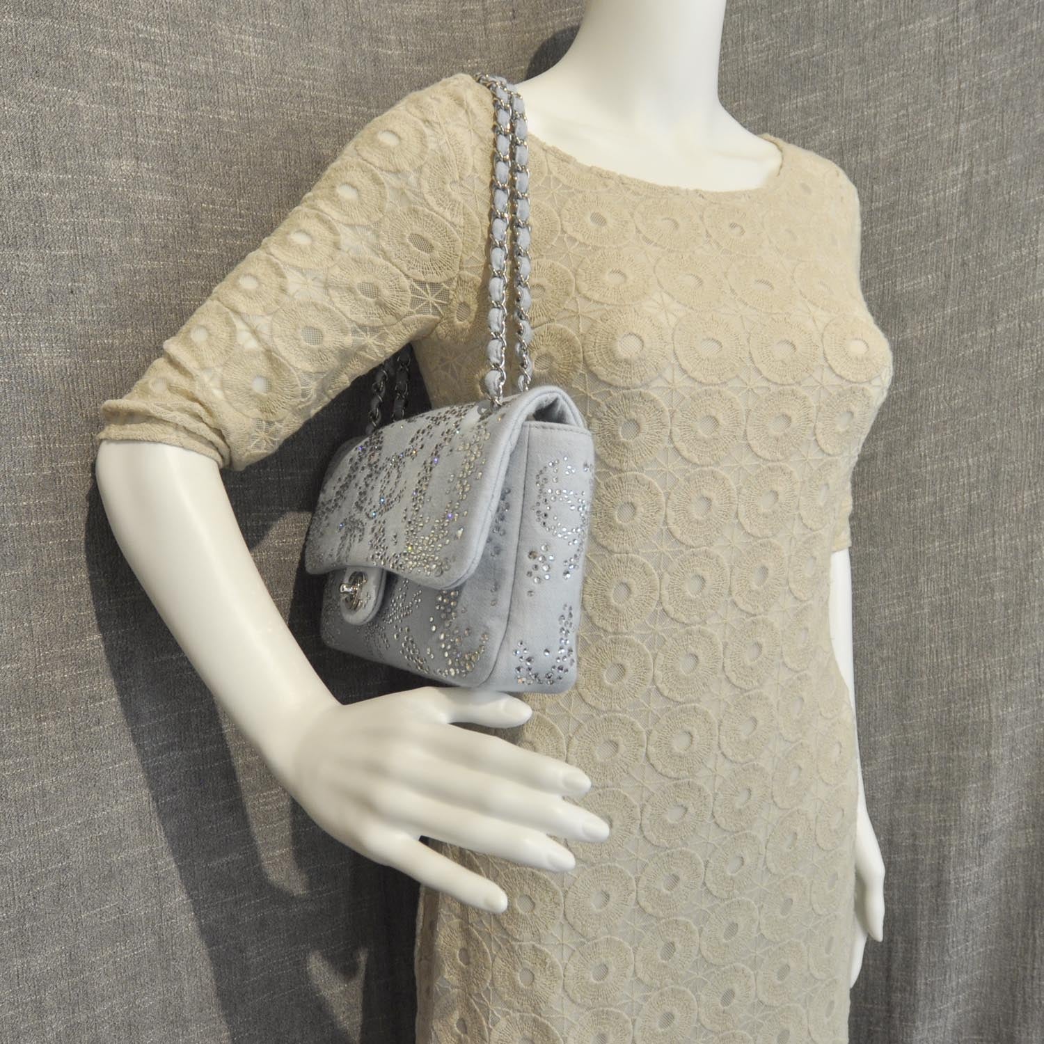 Chanel Denim Quilted Swarovski Crystal Flap 10A 2 of 9