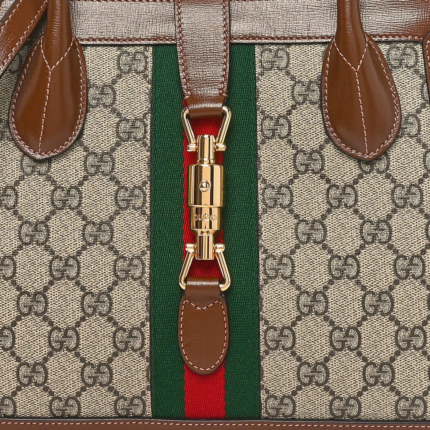GG Supreme Monogram Azalea Calfskin Web Medium Jackie 1961 Tote Beige Ebony Brown Sugar