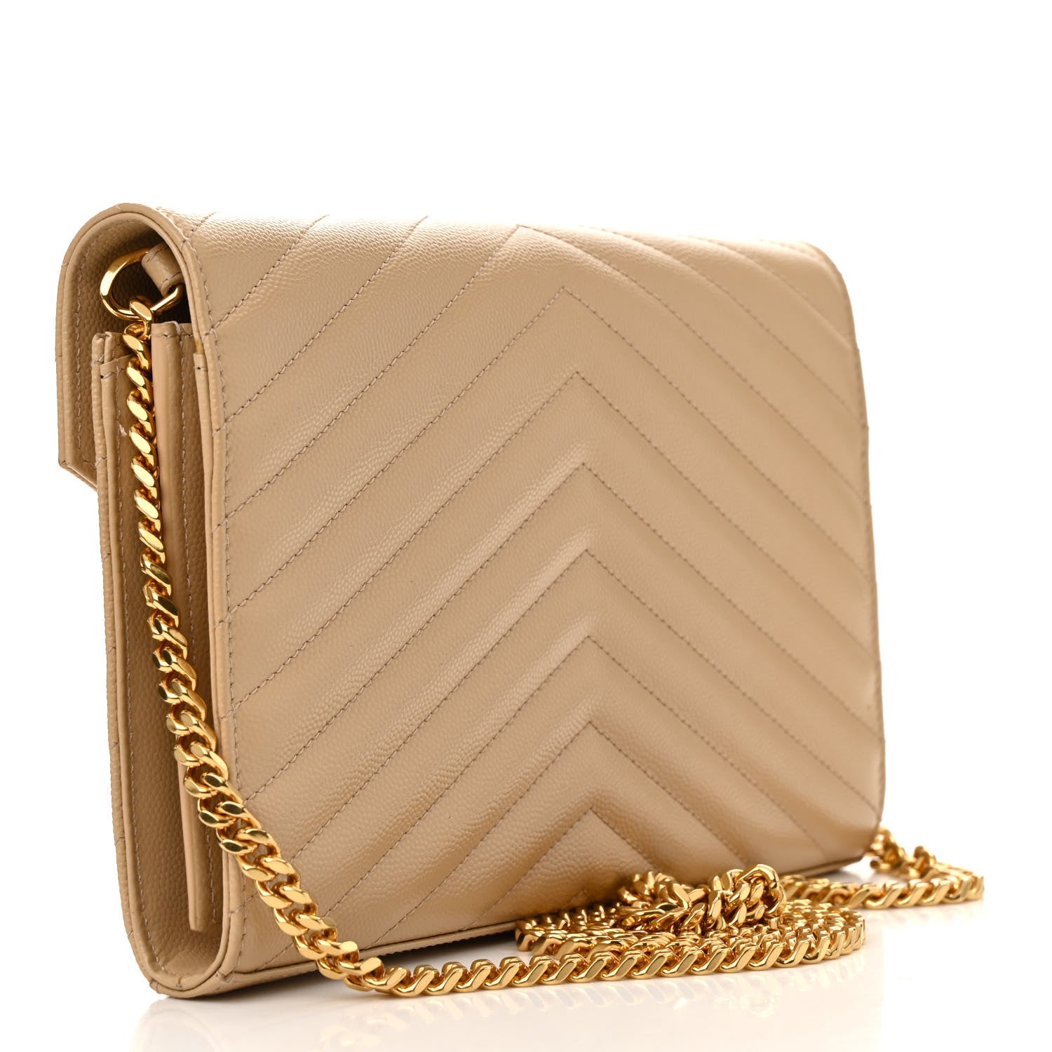 Saint Laurent Grain De Poudre Matelasse Chevron Monogram Chain Wallet Dark Beige 3 of 11