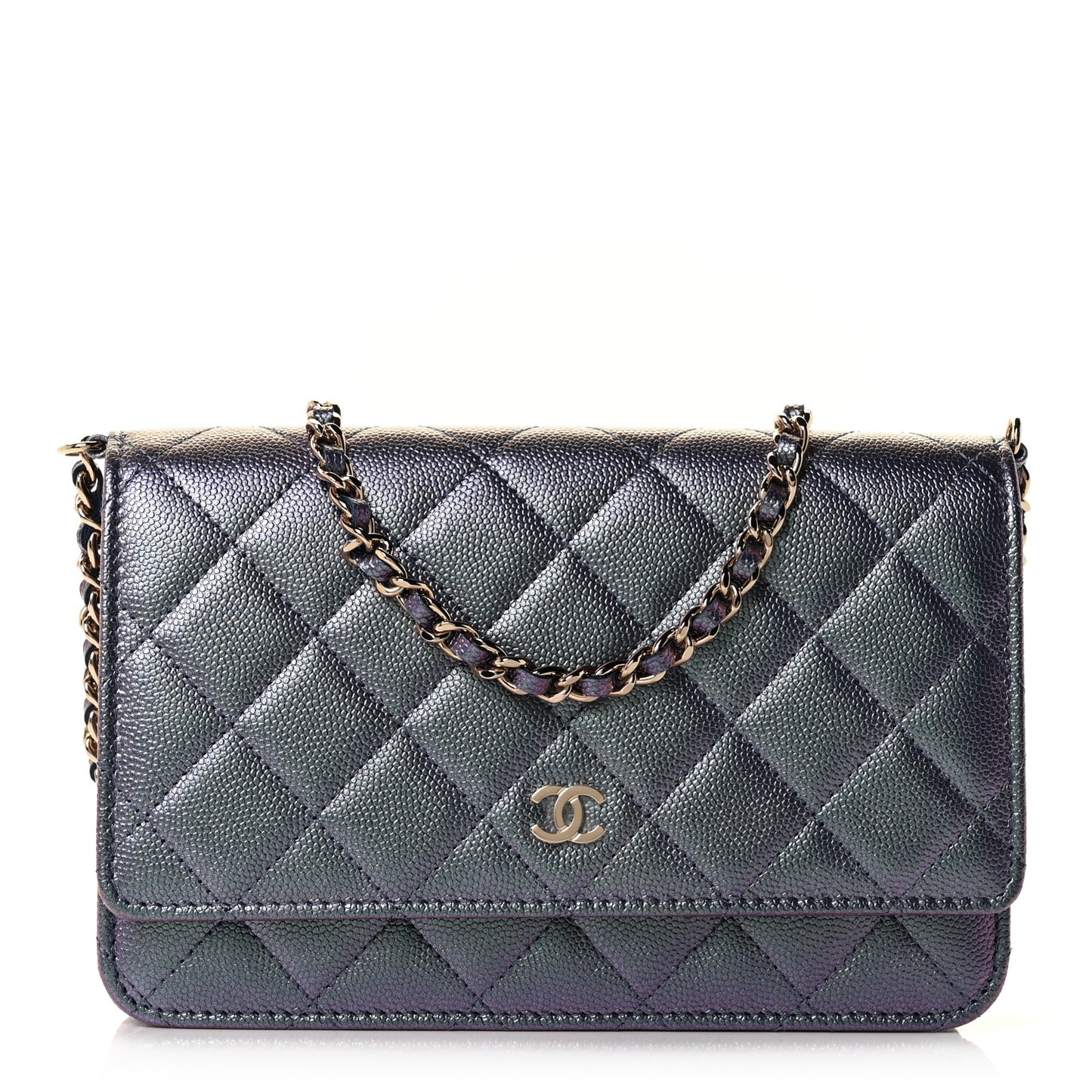 Iridescent Caviar Quilted Wallet On Chain WOC Dark Blue