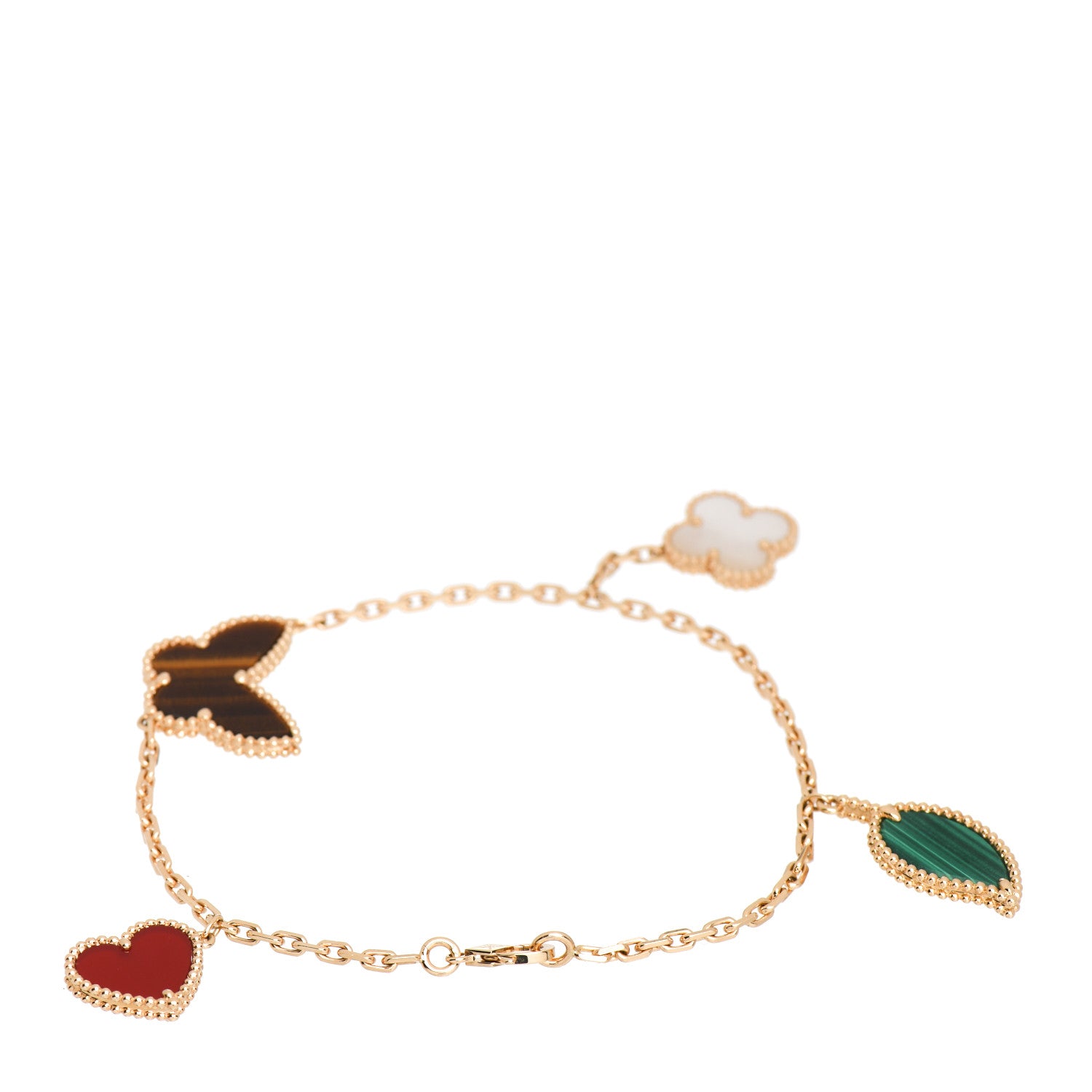 Van Cleef & Arpels 18K Yellow Gold Mother of Pearl Malachite Carnelian Tiger Eye 4 Motifs Lucky Alhambra Bracelet 3 of 5