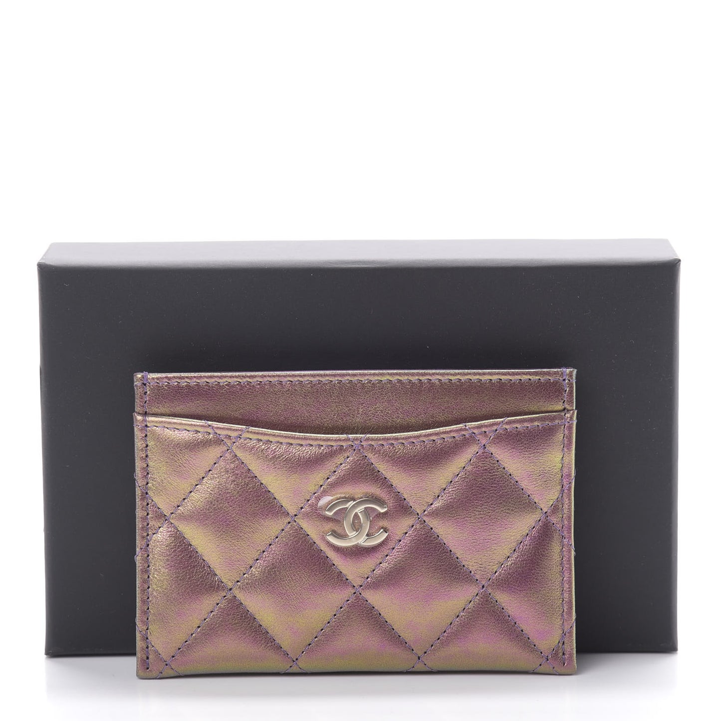 Iridescent Lambskin Quilted Card Holder Purple