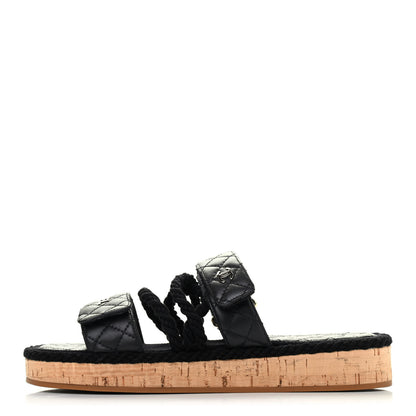 Chanel Cord Lambskin Quilted Logo Sandals 39 Black 1 of 4
