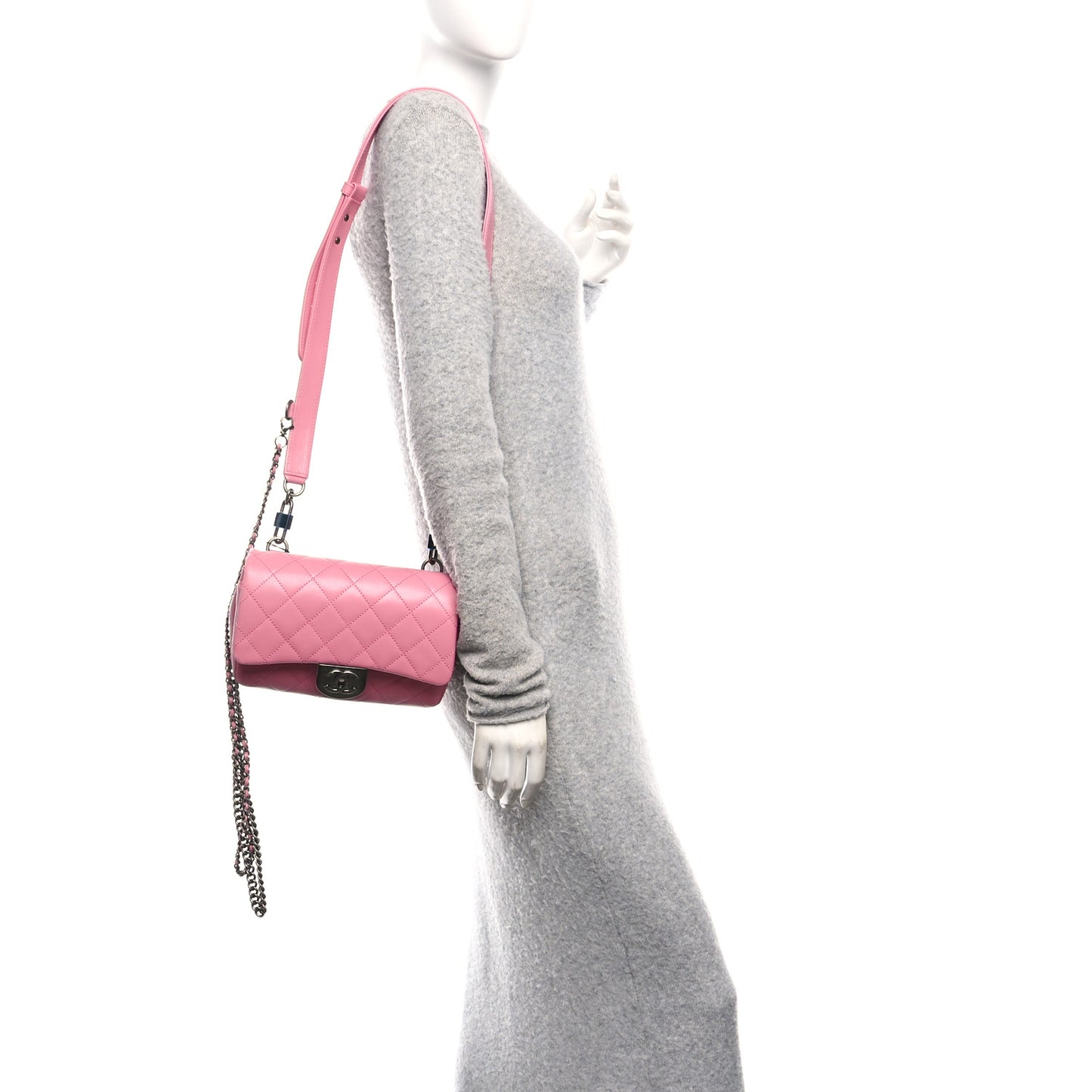 Shiny Goatskin Quilted Small Double Carry Waist Chain Flap Pink