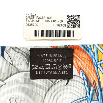 Hermes Silk La Danse Pacifique Twilly Jaune D'Or Kaki Orange 3 of 7