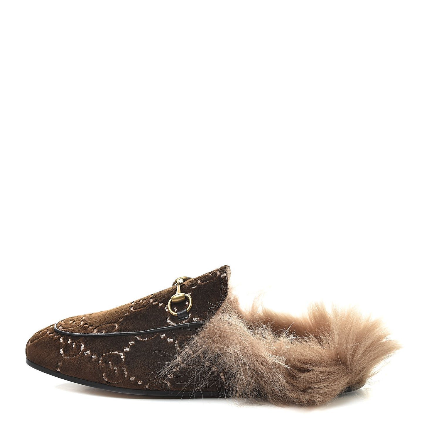 Velvet GG Monogram Fur Womens Princetown Slippers 37.5 Brown Black Natural