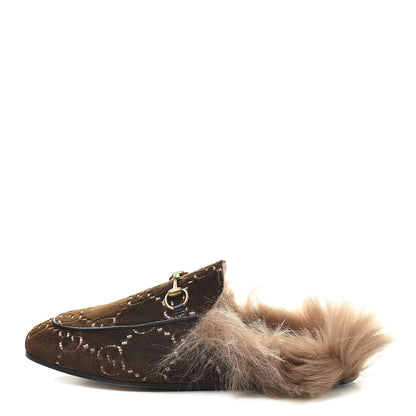 Gucci Velvet GG Monogram Fur Womens Princetown Slippers 37.5 Brown Black Natural 1 of 8