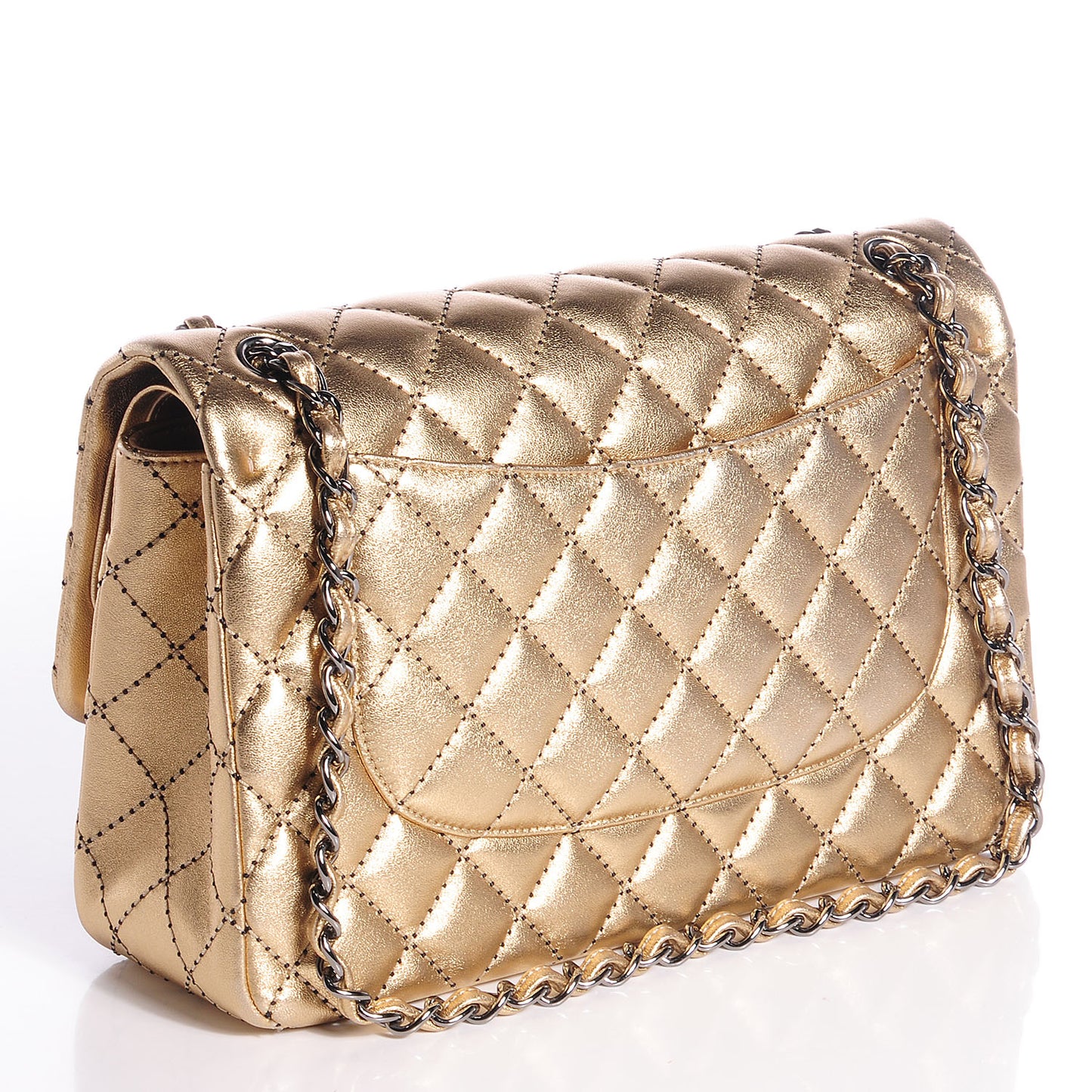 Metallic Washed Lambskin Quilted Jumbo Double Flap Dark Gold Black