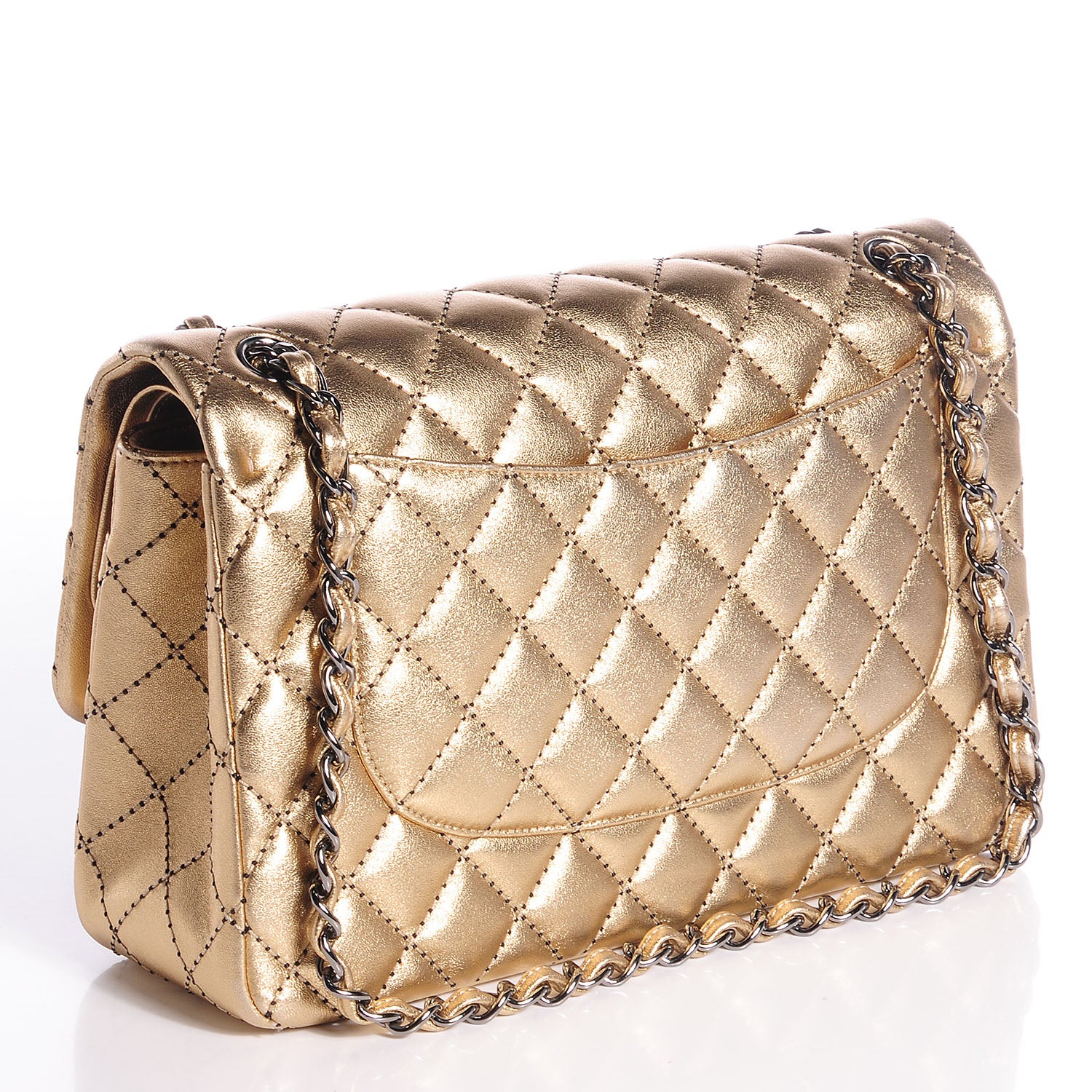 Chanel Metallic Washed Lambskin Quilted Jumbo Double Flap Dark Gold Black 3 of 8