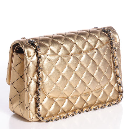 Chanel Metallic Washed Lambskin Quilted Jumbo Double Flap Dark Gold Black 3 of 8