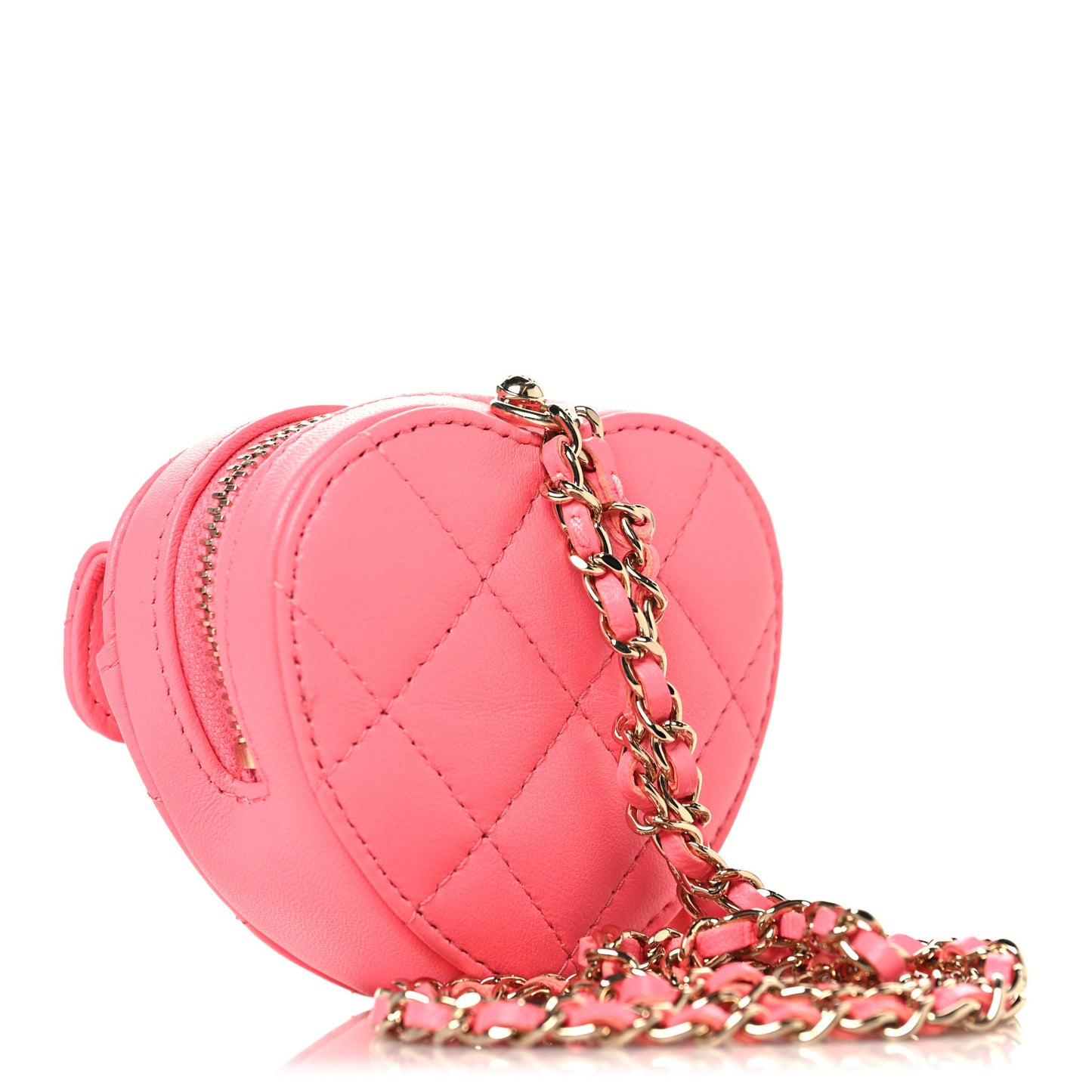 Lambskin Quilted CC In Love Heart Coin Purse With Chain  Pink