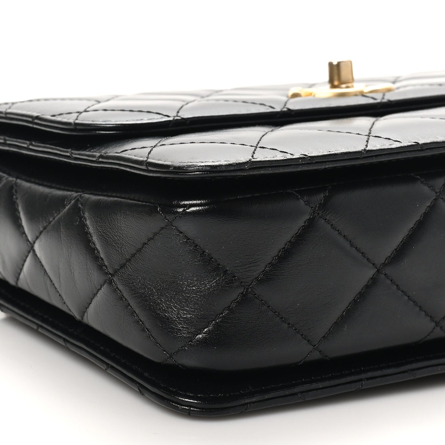 Shiny Calfskin Quilted Small Metal Chain Top Handle Flap Black