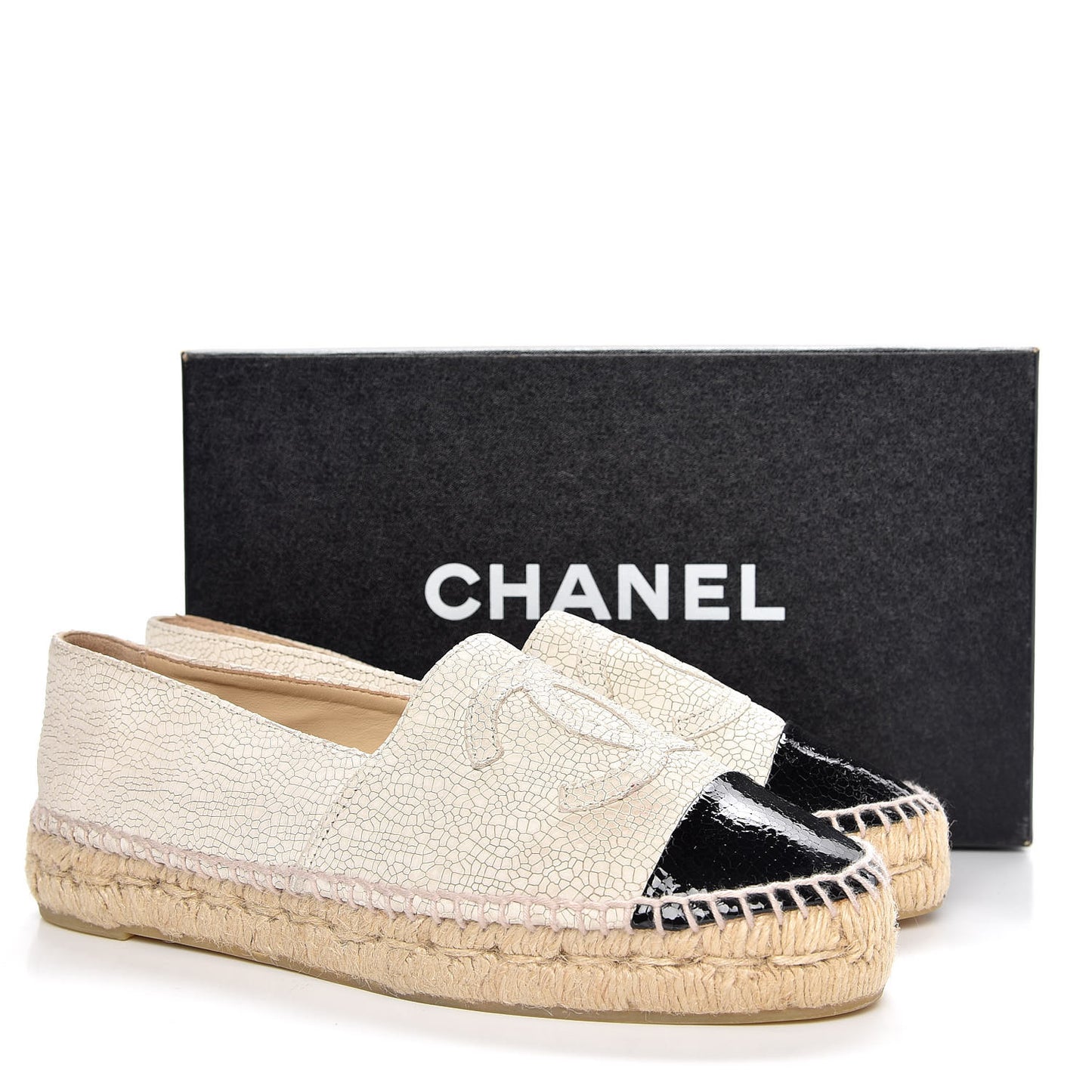 Crackled Calfskin Espadrilles 38 Beige Black