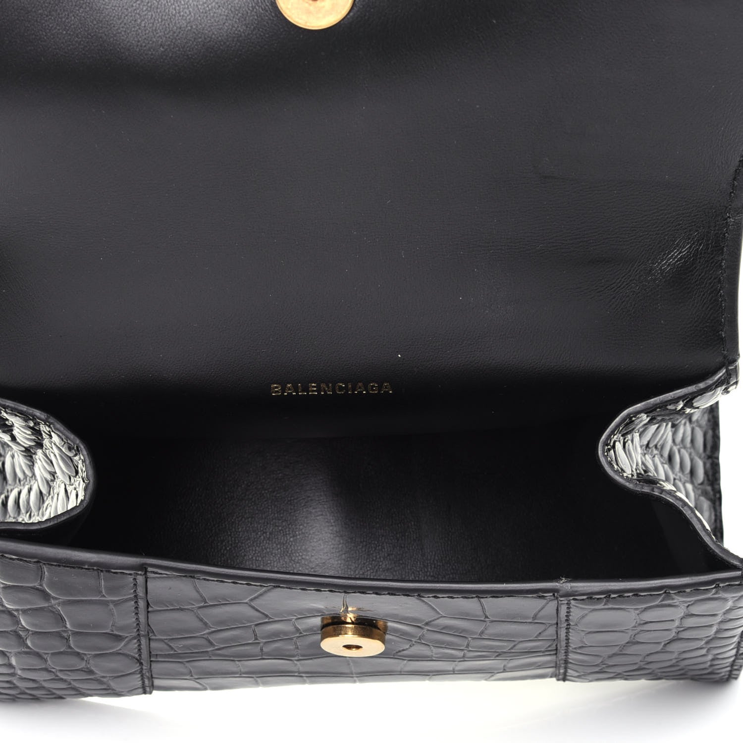 Balenciaga Shiny Calfskin Crocodile Embossed Hourglass Top Handle Bag XS Black 3 of 4