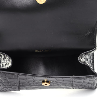 Balenciaga Shiny Calfskin Crocodile Embossed Hourglass Top Handle Bag XS Black 3 of 4
