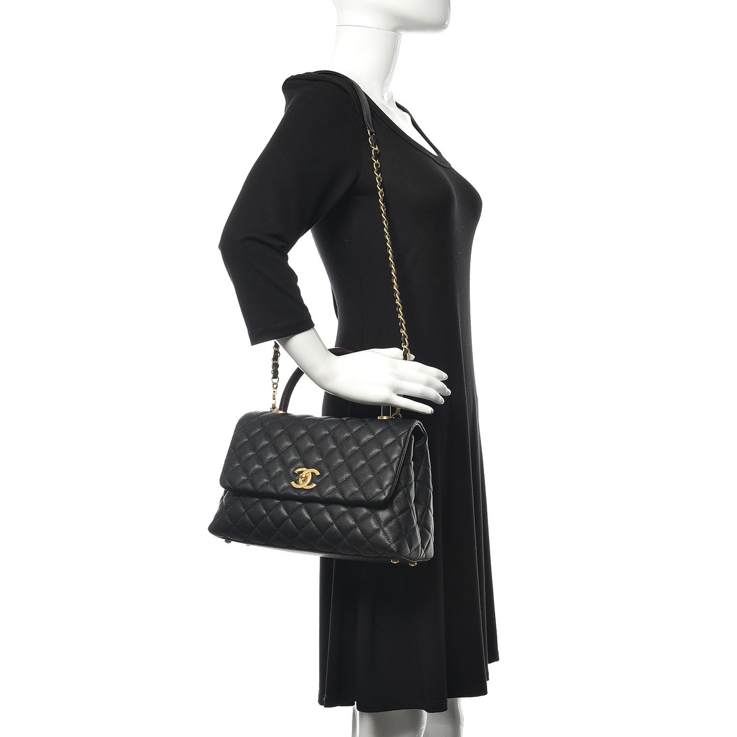 Caviar Lizard Embossed Quilted Small Coco Handle Flap Black