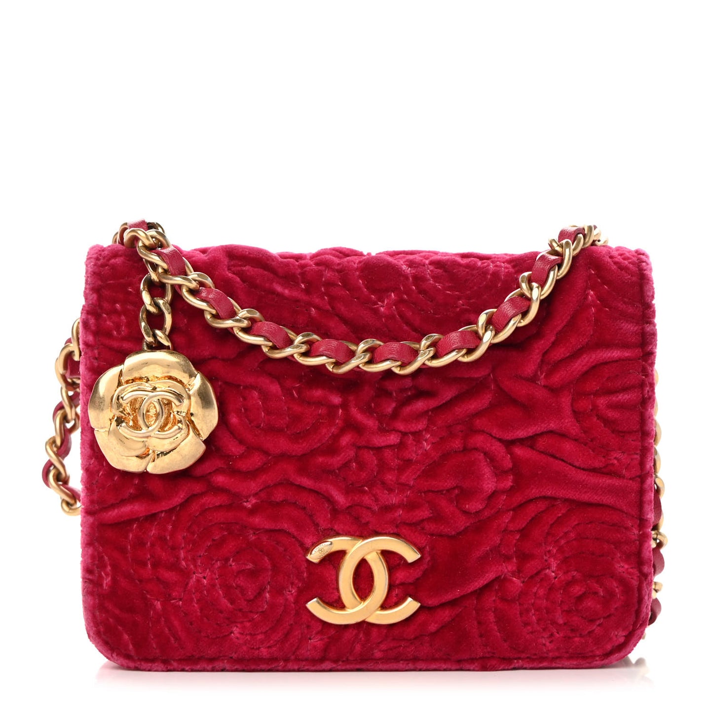 Velvet Quilted Camellia Velvet Flap Coin Purse With Chain Fuchsia