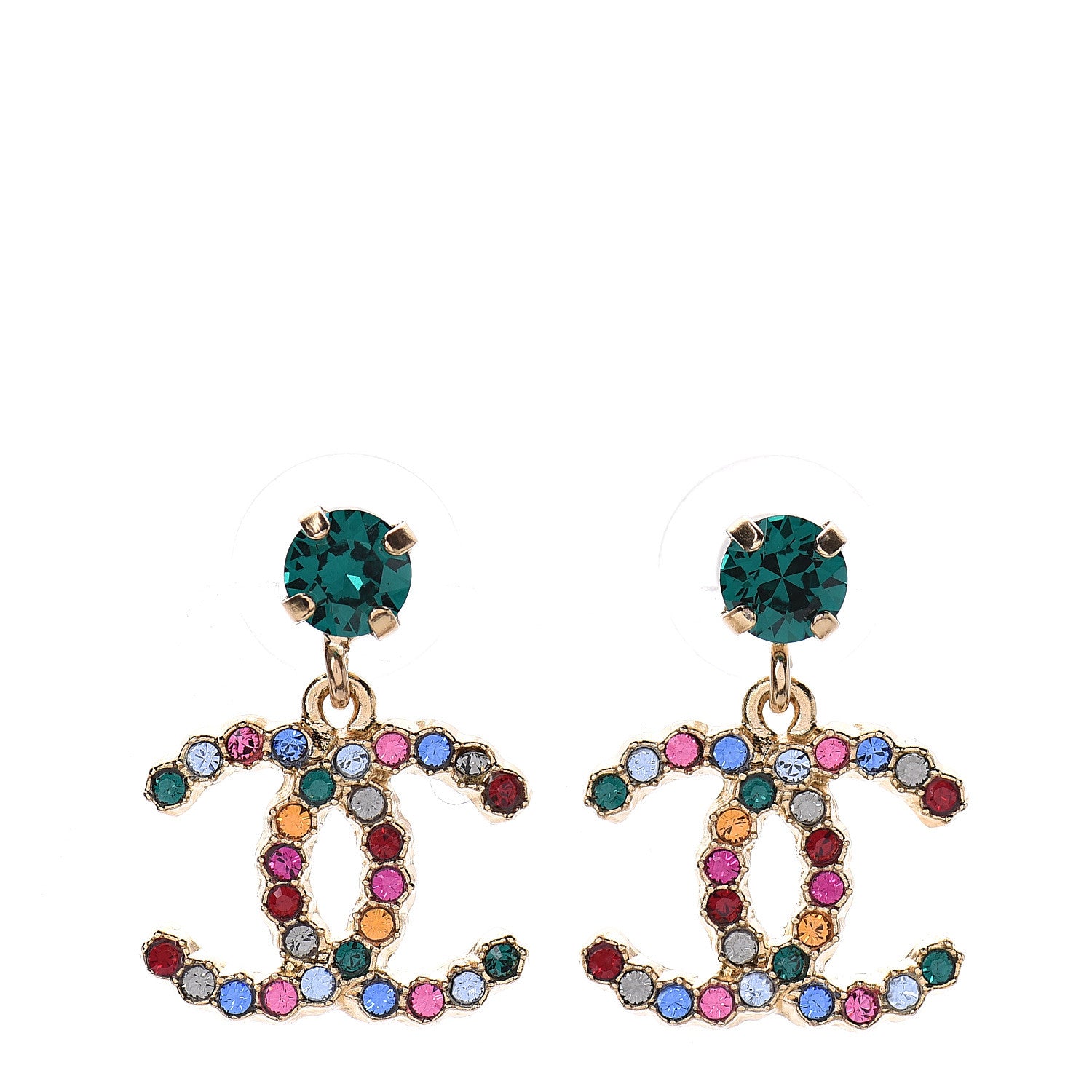 Chanel Crystal CC Drop Earrings Gold Multicolor 1 of 4