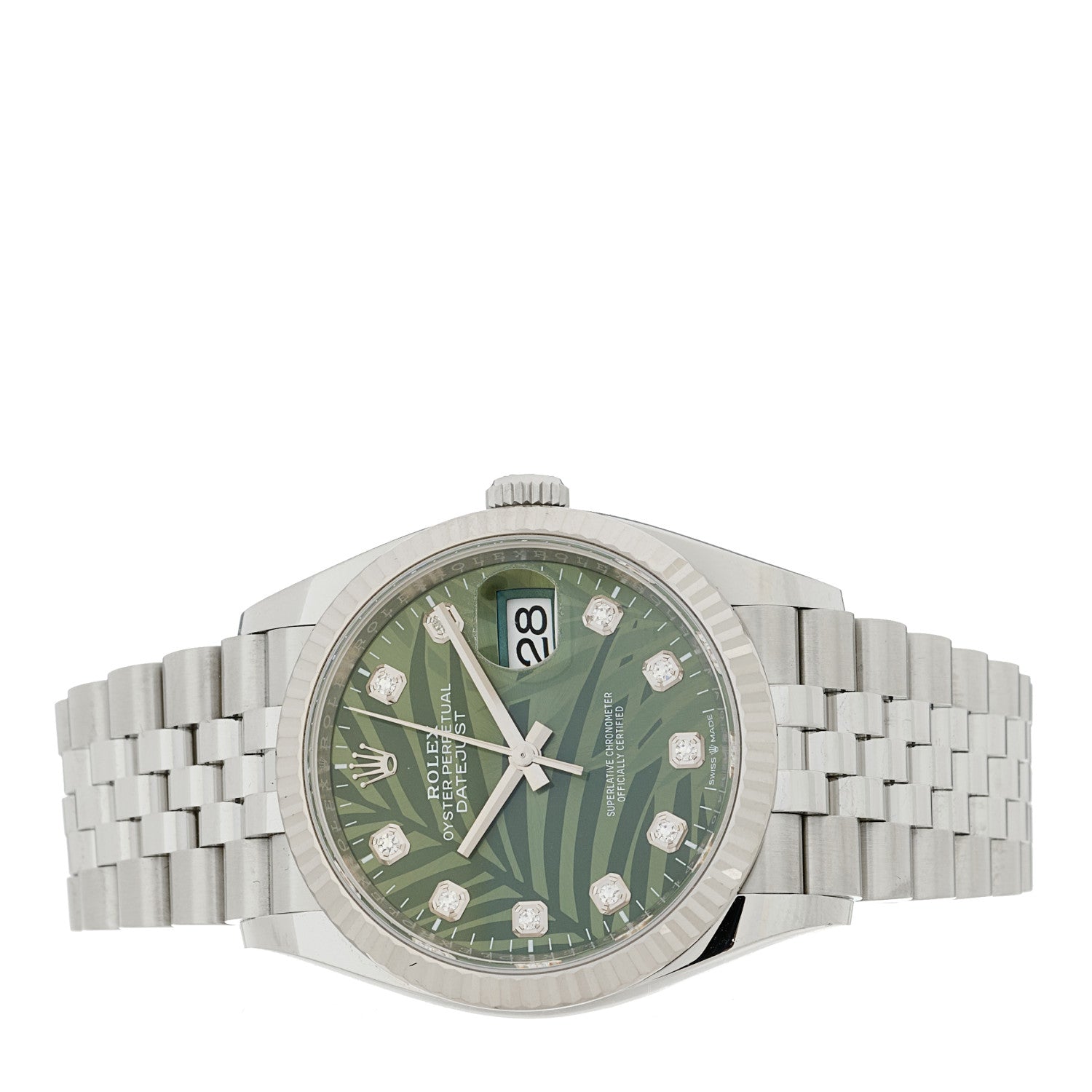 Rolex Stainless Steel 18K White Gold Diamond 36mm Oyster Perpetual Datejust Watch Green Palm 126234 2 of 5