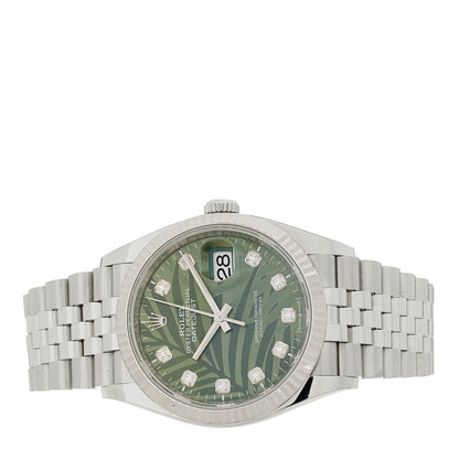 Rolex Stainless Steel 18K White Gold Diamond 36mm Oyster Perpetual Datejust Watch Green Palm 126234 2 of 5