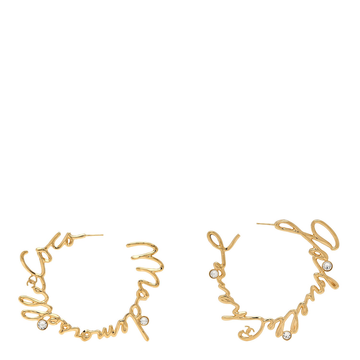 Chanel Crystal CC Script Hoop Earrings Gold 1 of 4
