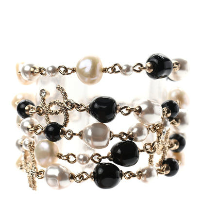 Chanel Pearl Bead Crystal CC Multi Strand Byzantine Chain Bracelet Black Gold 1 of 4