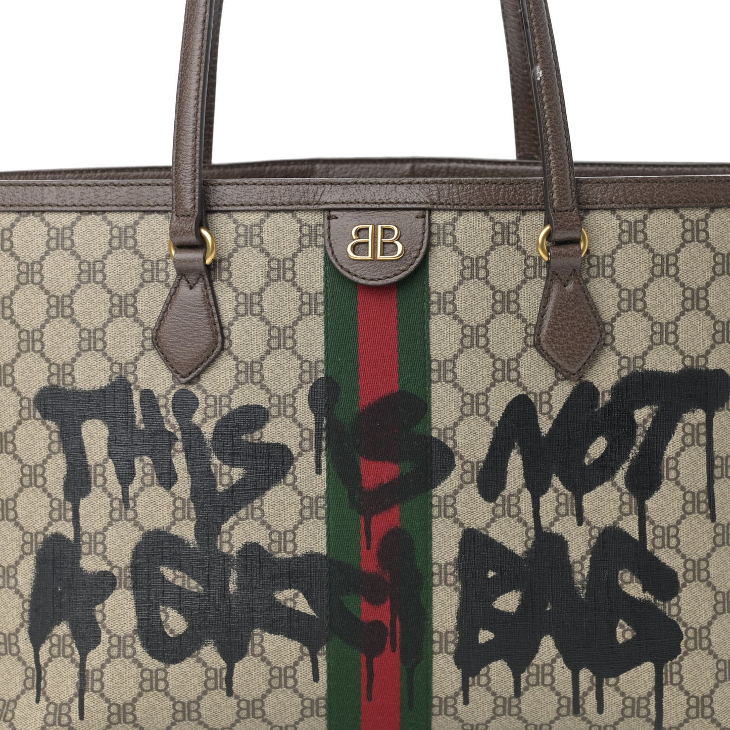 X BALENCIAGA BB Supreme Monogram Web Graffiti Medium Ophidia Shopping Tote Beige New Acero