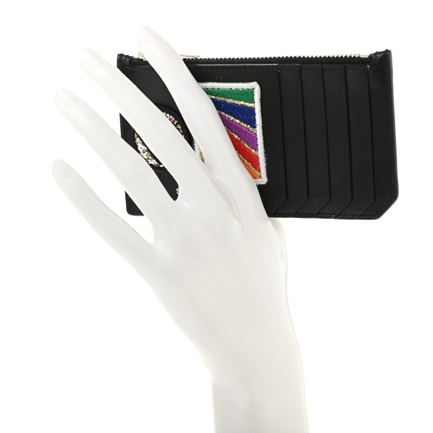 Calfskin Paris Rainbow Patch Fragments Zip Pouch Card Holder Black