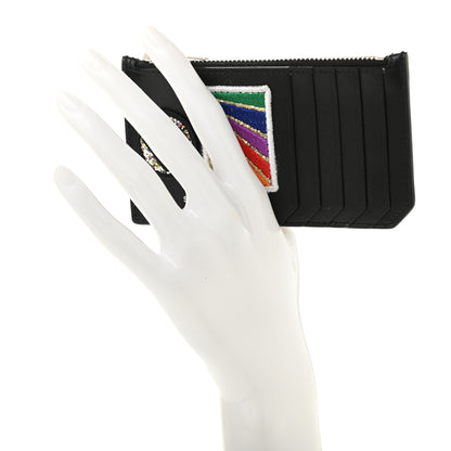 Saint Laurent Calfskin Paris Rainbow Patch Fragments Zip Pouch Card Holder Black 2 of 8