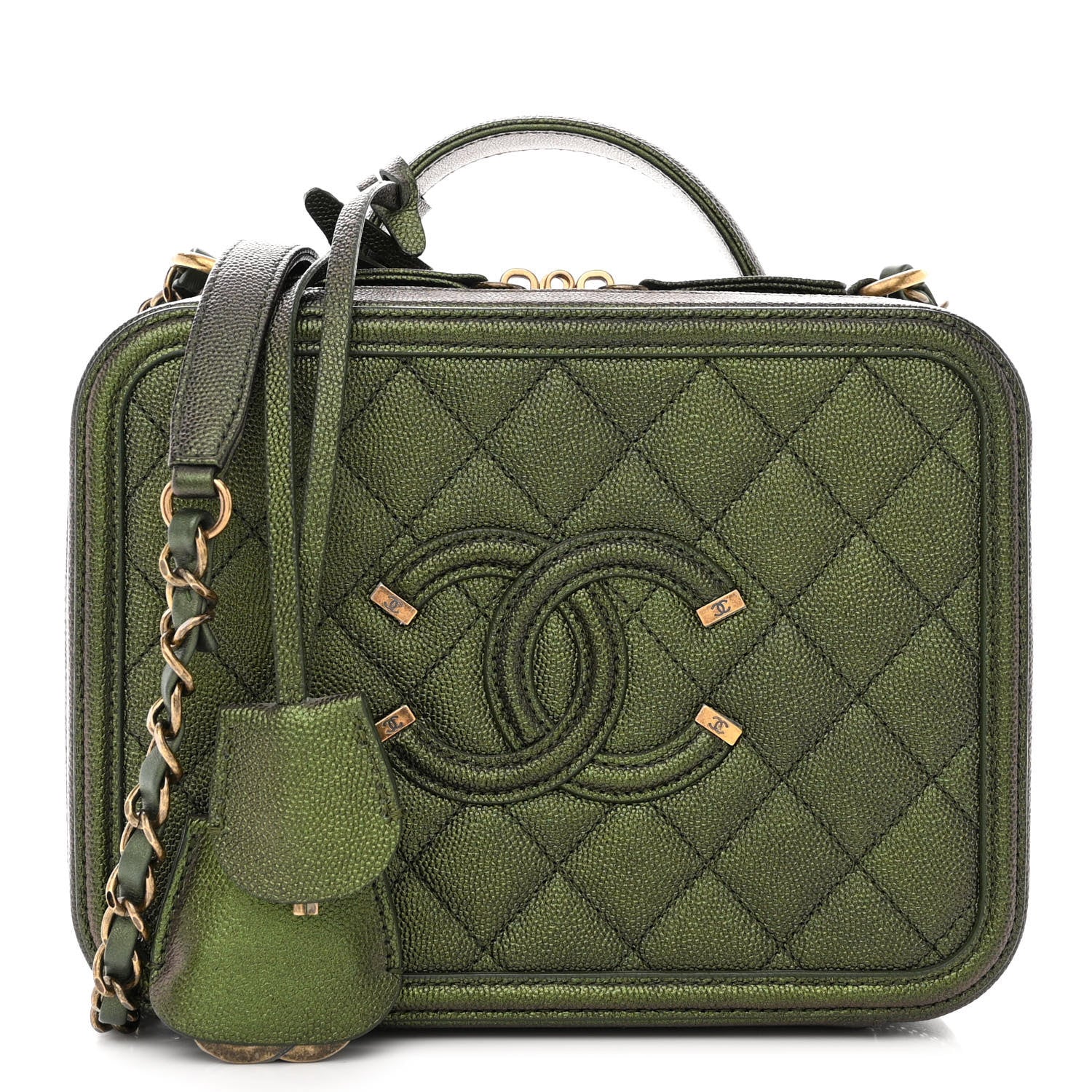 Chanel Iridescent Caviar Quilted Medium CC Filigree Vanity Case Green 1 of 10