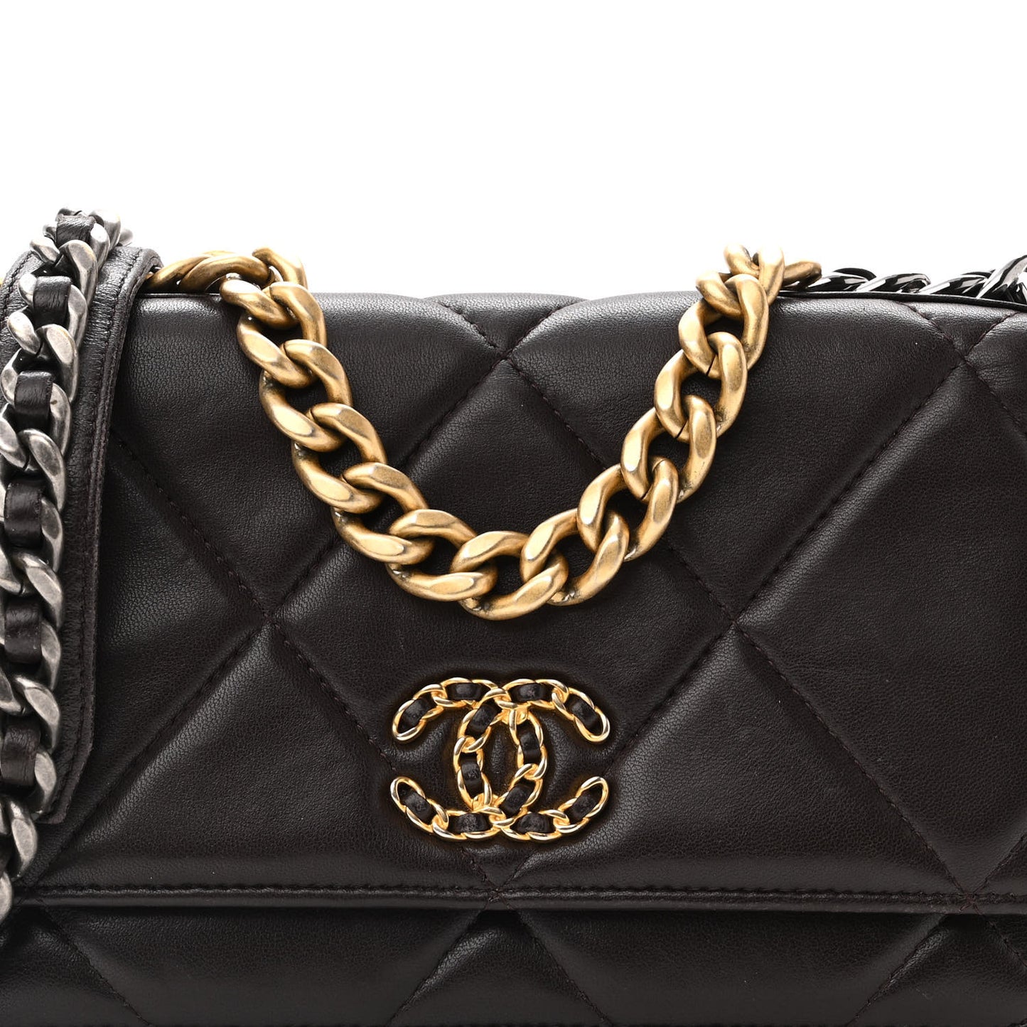 Lambskin Quilted Chanel 19 Wallet On Chain WOC Dark Brown