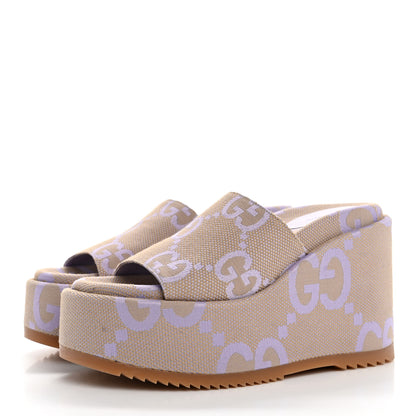 Gucci Monogram Jumbo GG Platform Slide Wedge Sandals 37 Beige Lapis 4 of 9