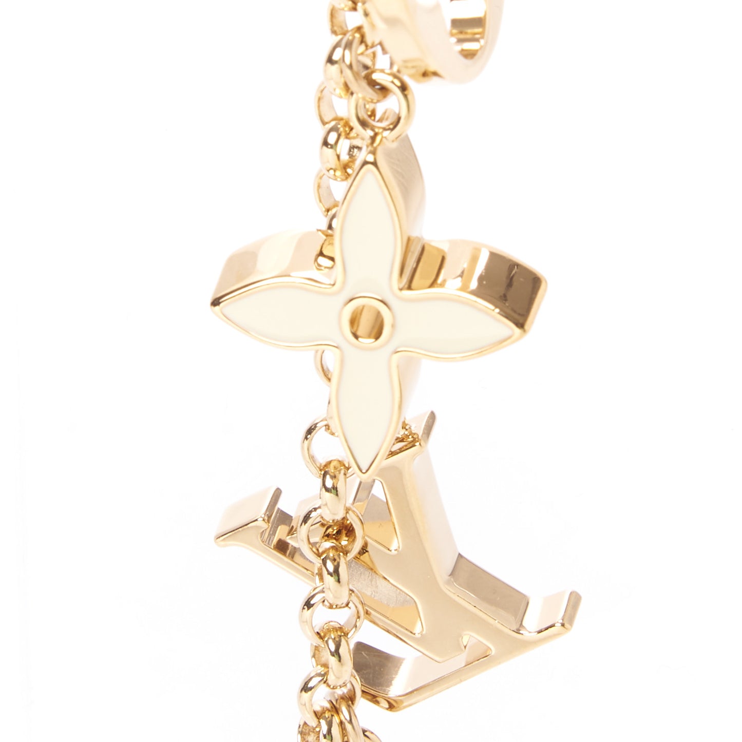Brass Enamel Fleur De Monogram Bag Charm Chain Gold
