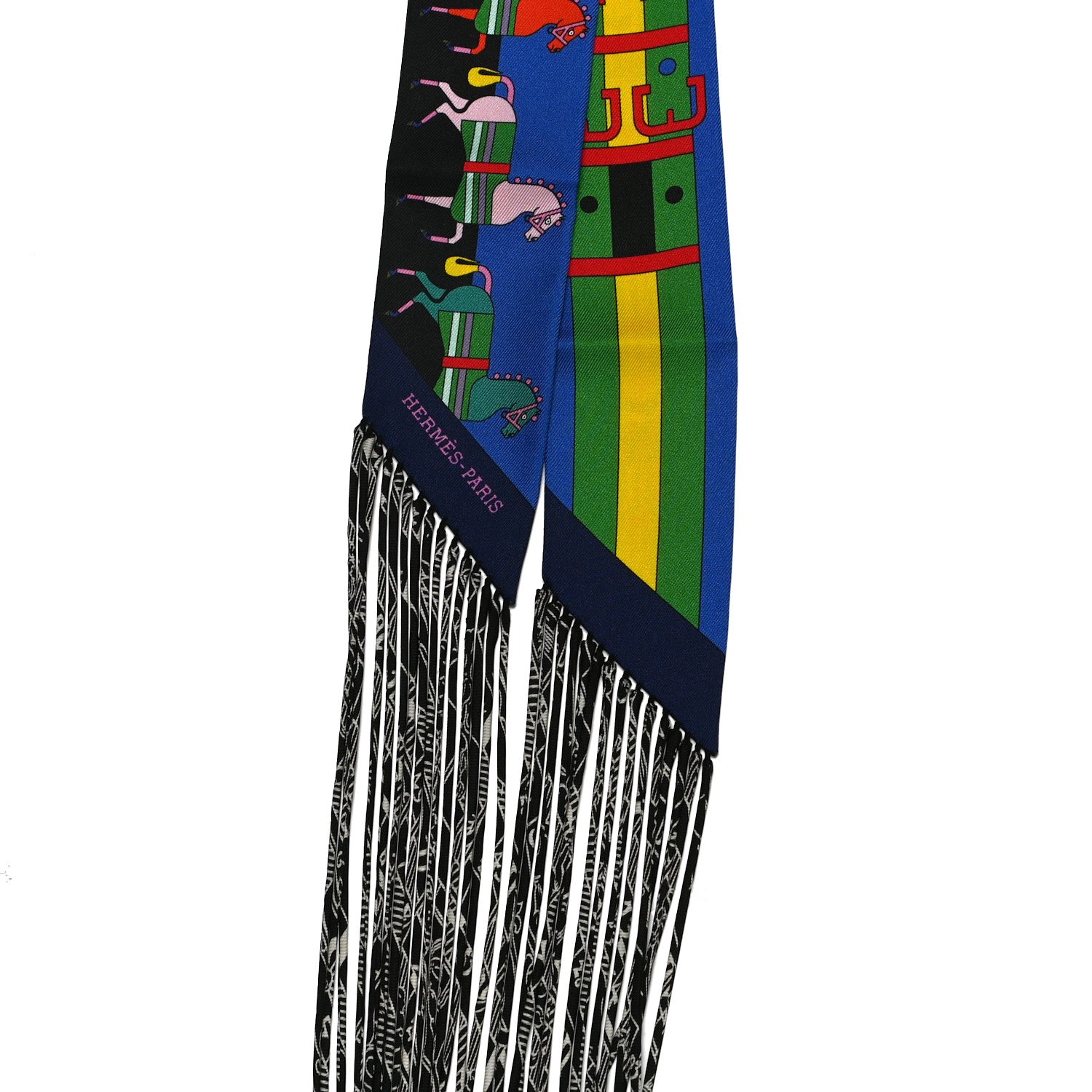 Hermes Silk Rocabar Fringed Twilly Bleu Royal Jaune Vert 2 of 3