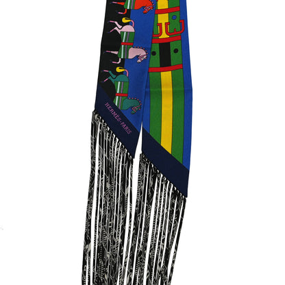 Hermes Silk Rocabar Fringed Twilly Bleu Royal Jaune Vert 2 of 3