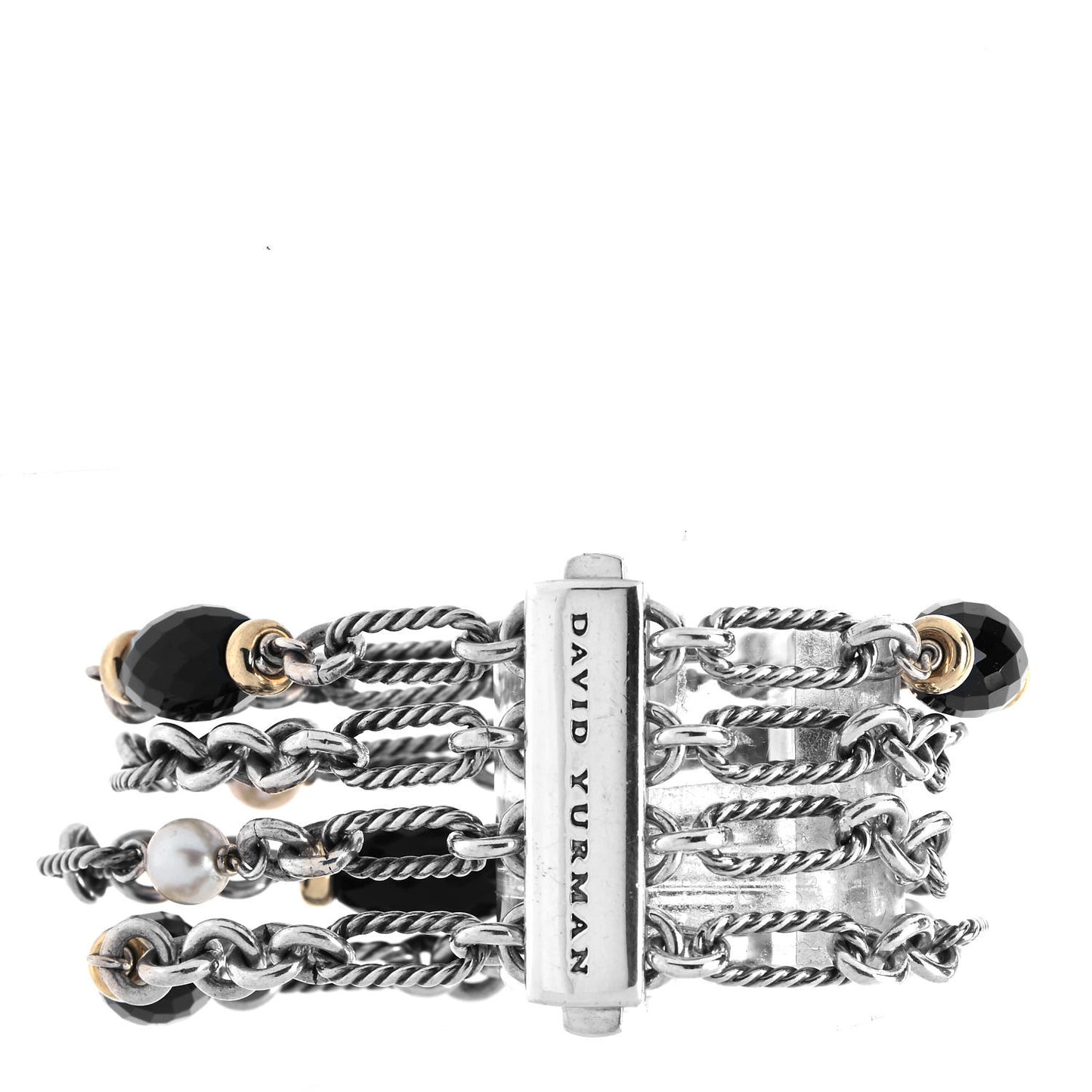 Sterling Silver 18K Yellow Gold Black Onyx Pearl Multi Strand Figaro Bracelet