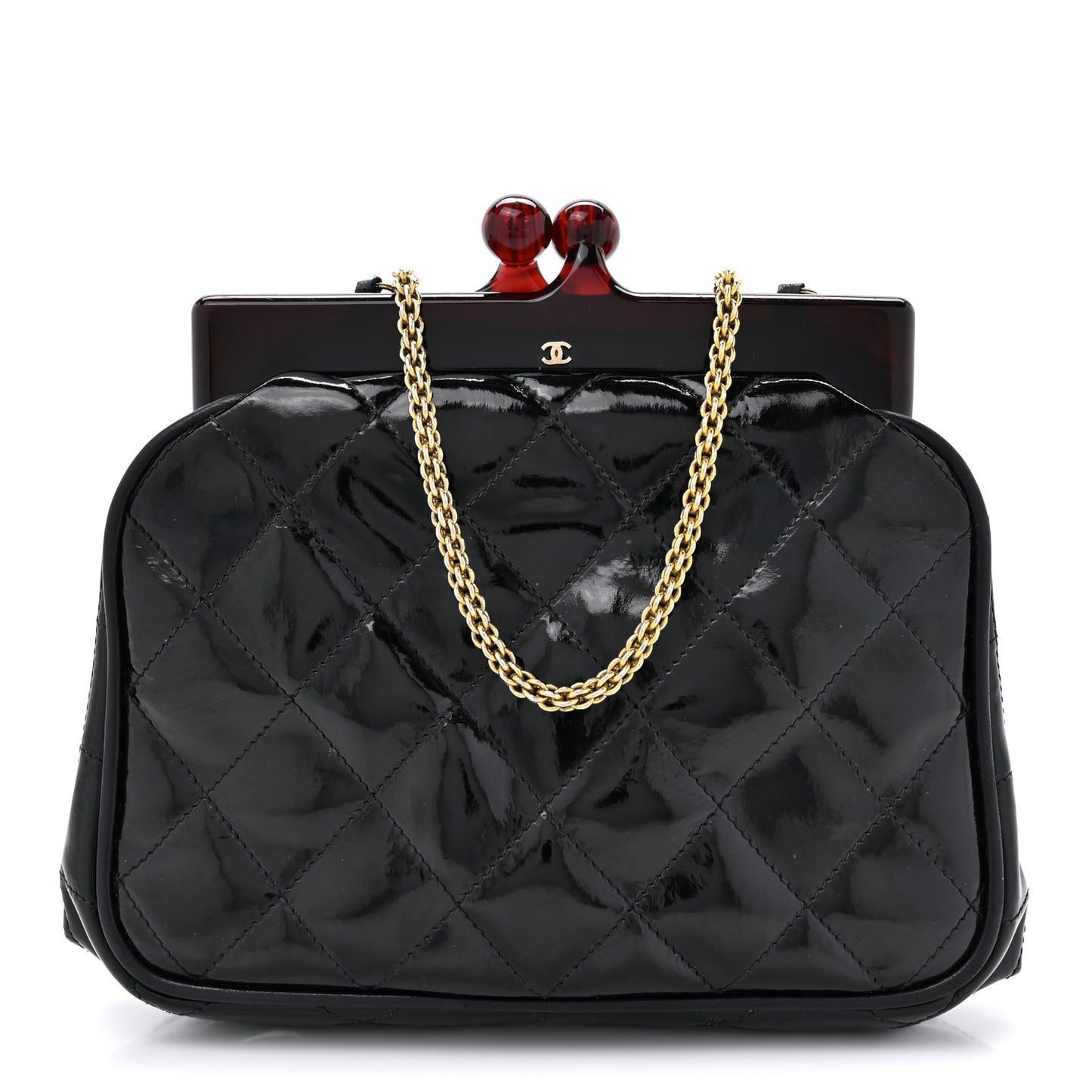 Patent Quilted Resin Frame Clutch Flap With Chain Black