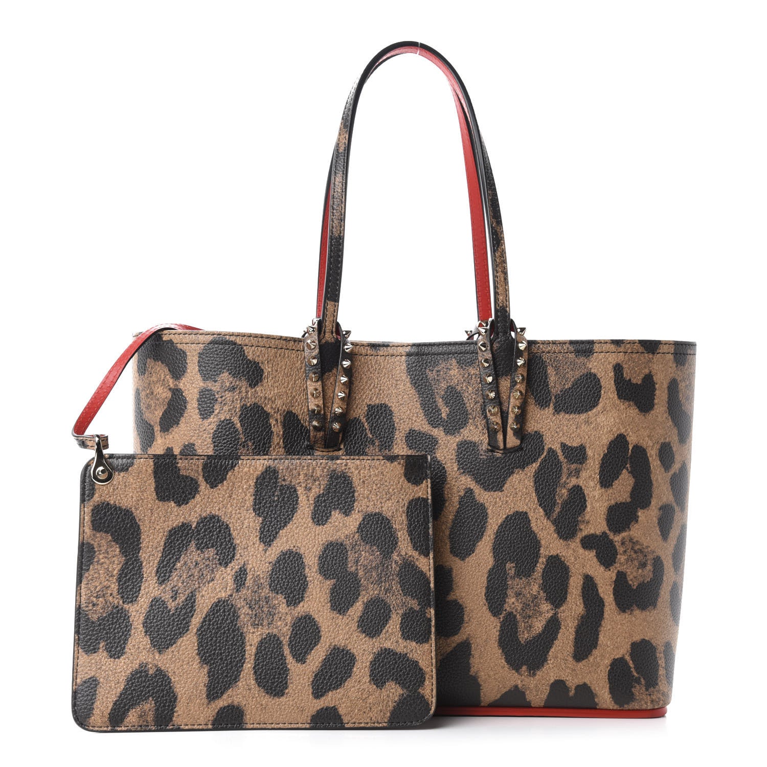 Christian Louboutin Calfskin Leopard Print Spikes East West Cabata Tote Brown 1 of 10