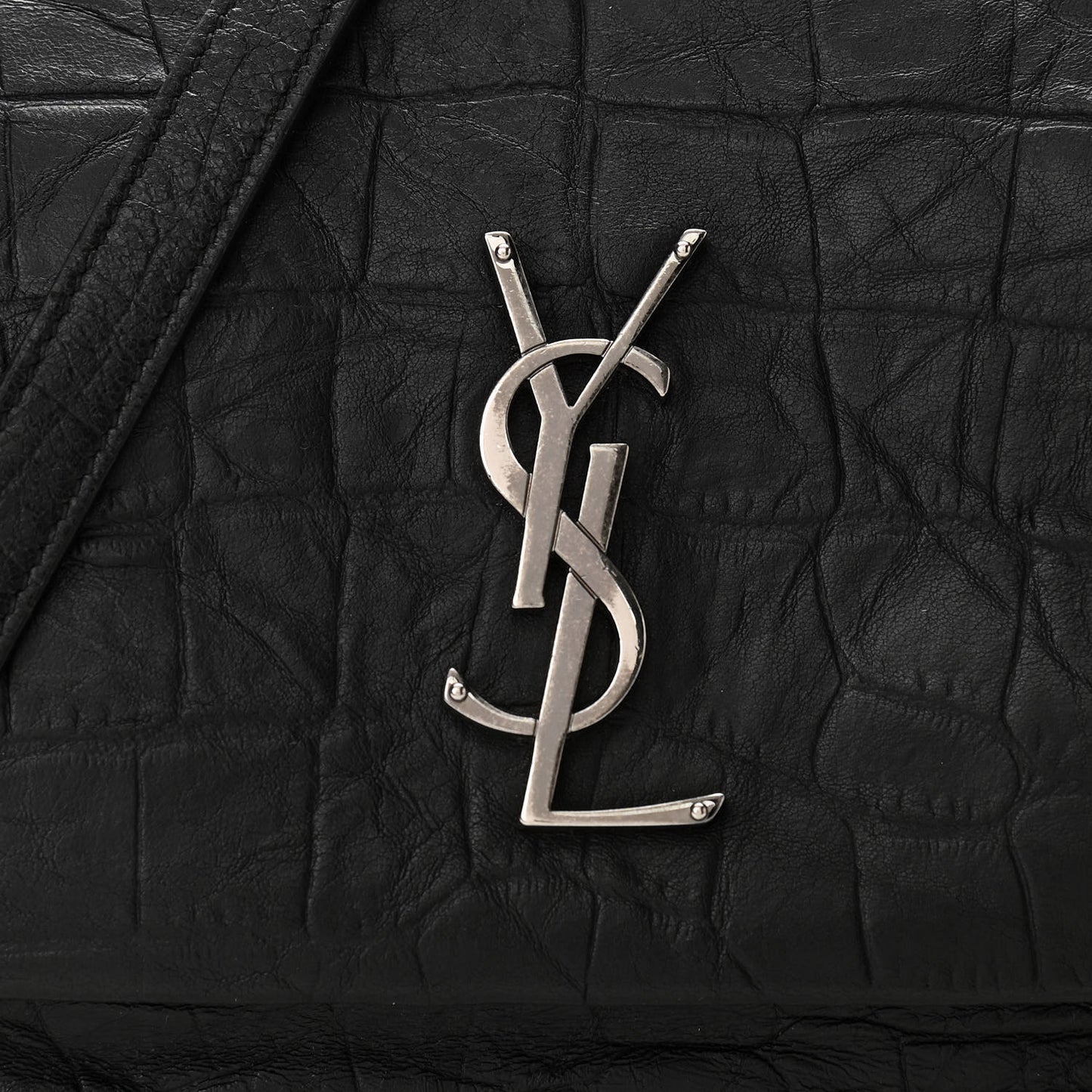 Calfskin Crocodile Embossed Medium West Hollywood Monogram Fold-Over Black