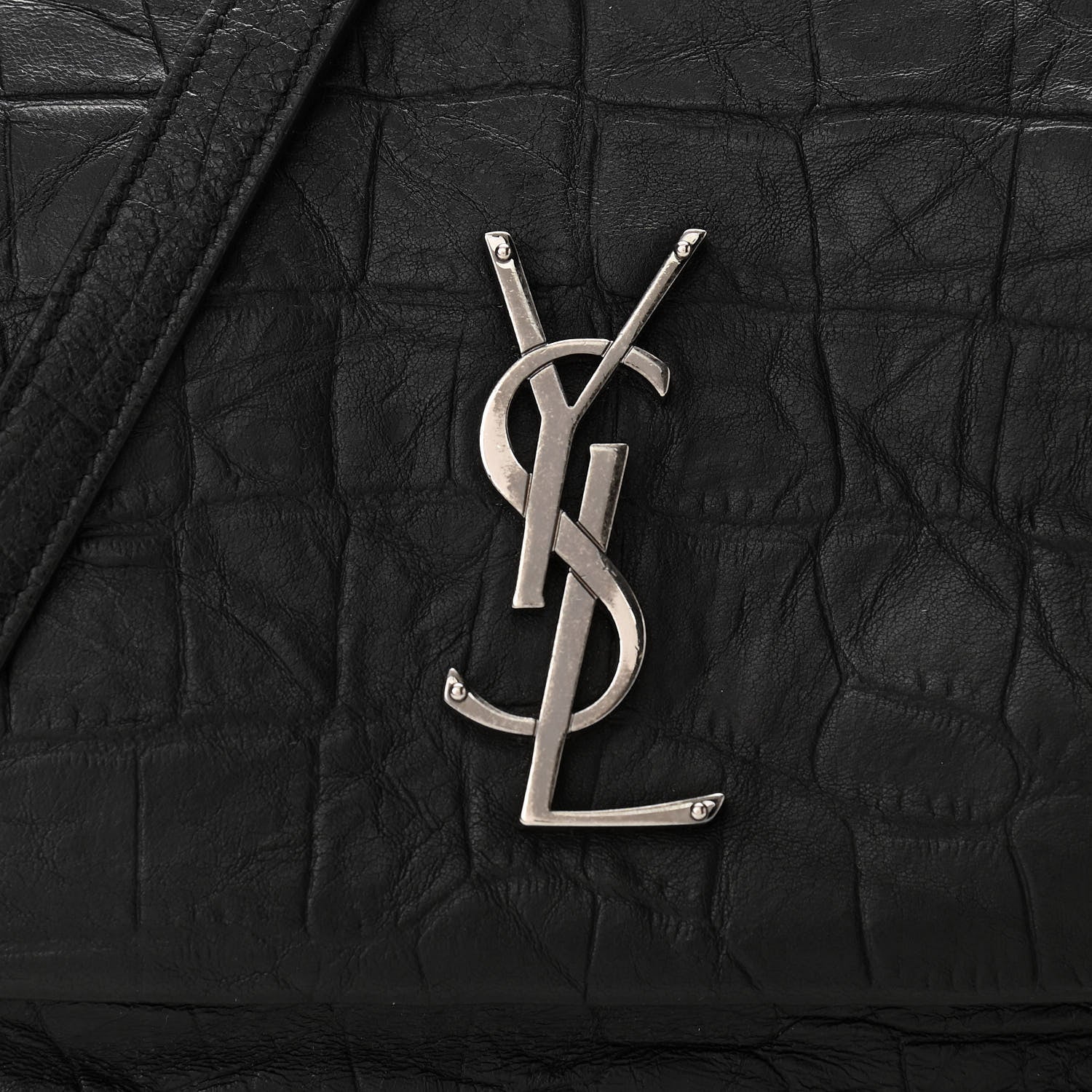 Saint Laurent Calfskin Crocodile Embossed Medium West Hollywood Monogram Fold-Over Black 7 of 9