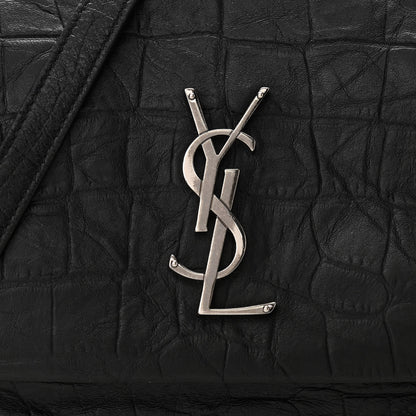 Saint Laurent Calfskin Crocodile Embossed Medium West Hollywood Monogram Fold-Over Black 7 of 9