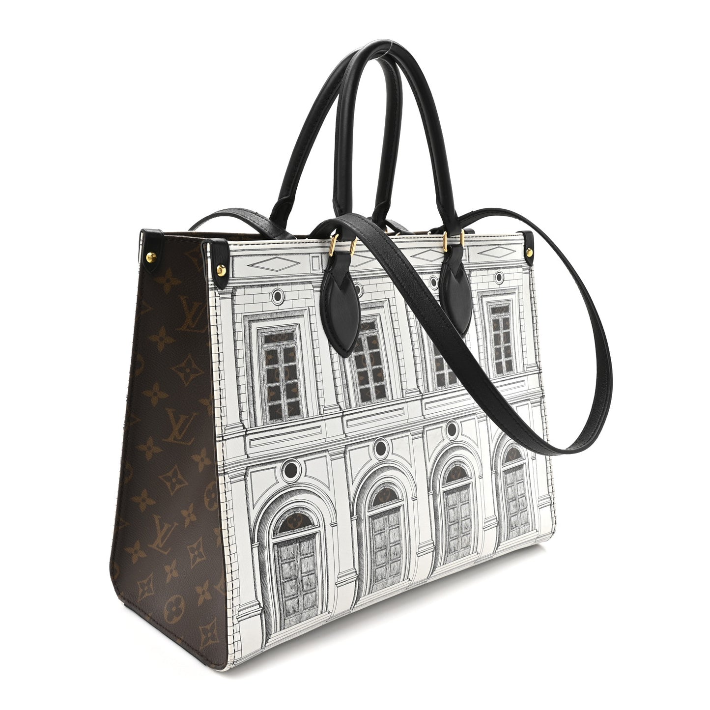 X FORNASETTI Calfskin Architettura Onthego MM Black White