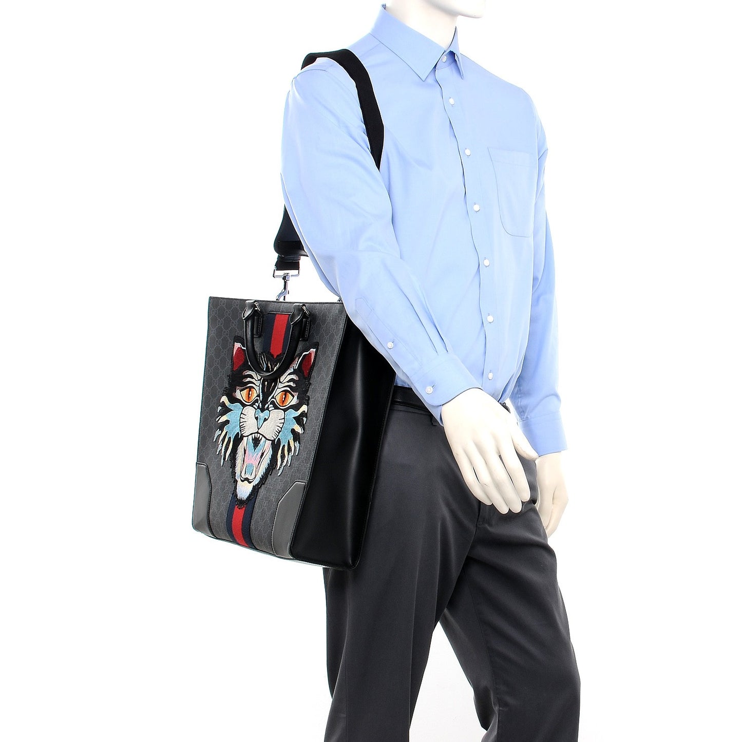 GG Supreme Monogram Web Angry Cat Embroidered Vertical Tote Black Grey