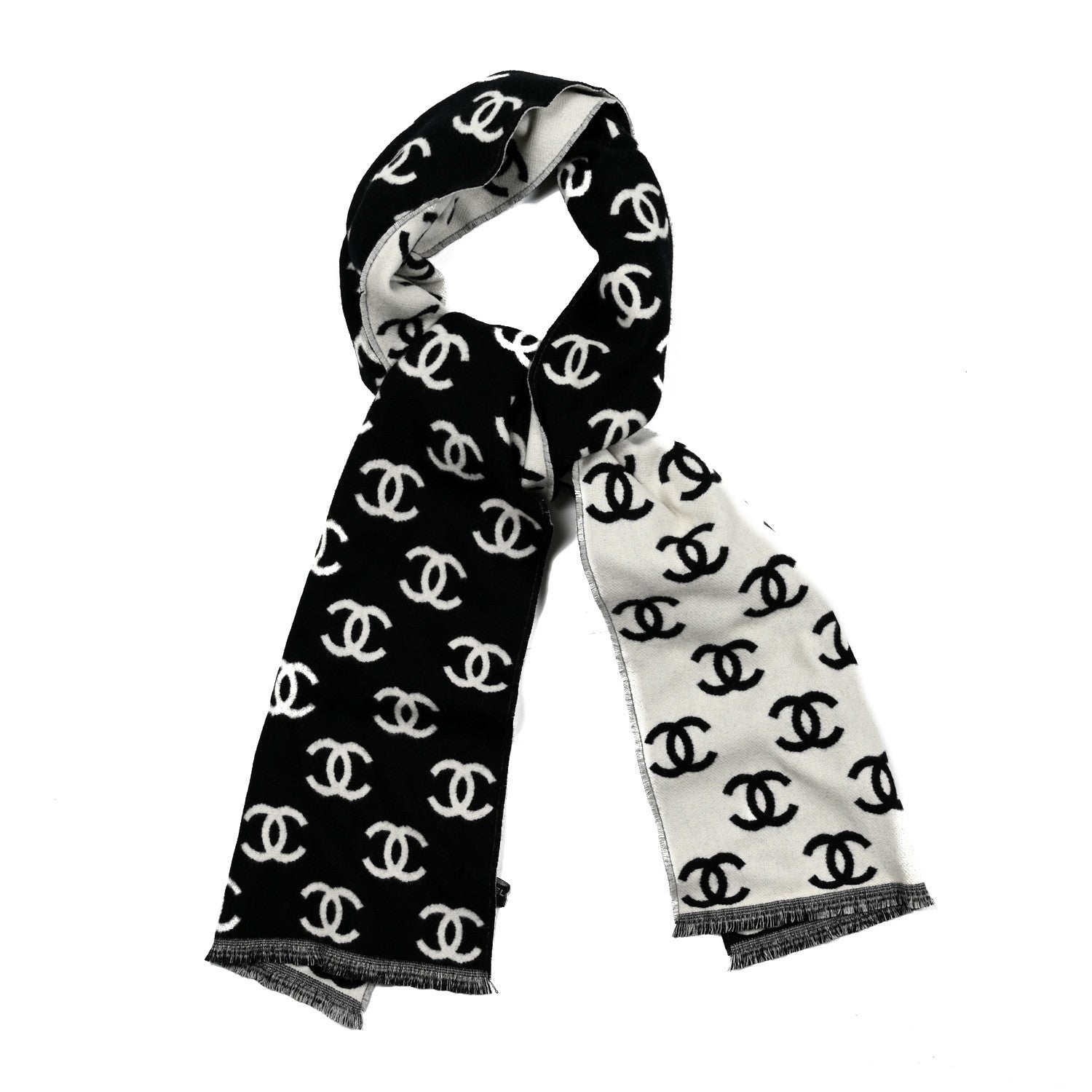 Chanel Wool Cashmere CC Scarf Black White 2 of 4