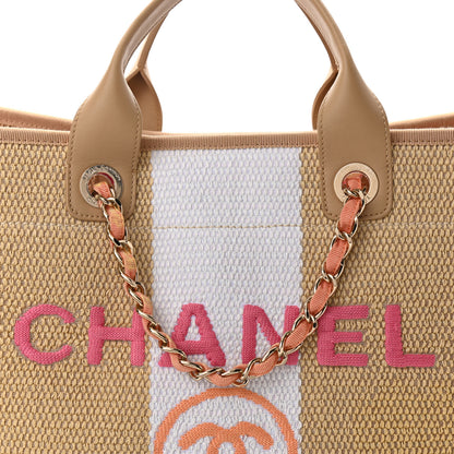 Chanel Straw Raffia Calfskin Striped Large Deauville Tote Black Beige Ivory 8 of 11