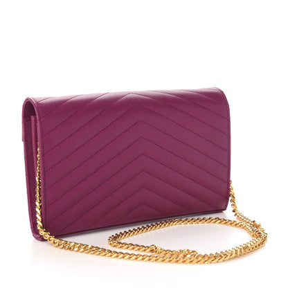 Saint Laurent Grain De Poudre Matelasse Chevron Monogram Chain Wallet Dark Grape 3 of 10