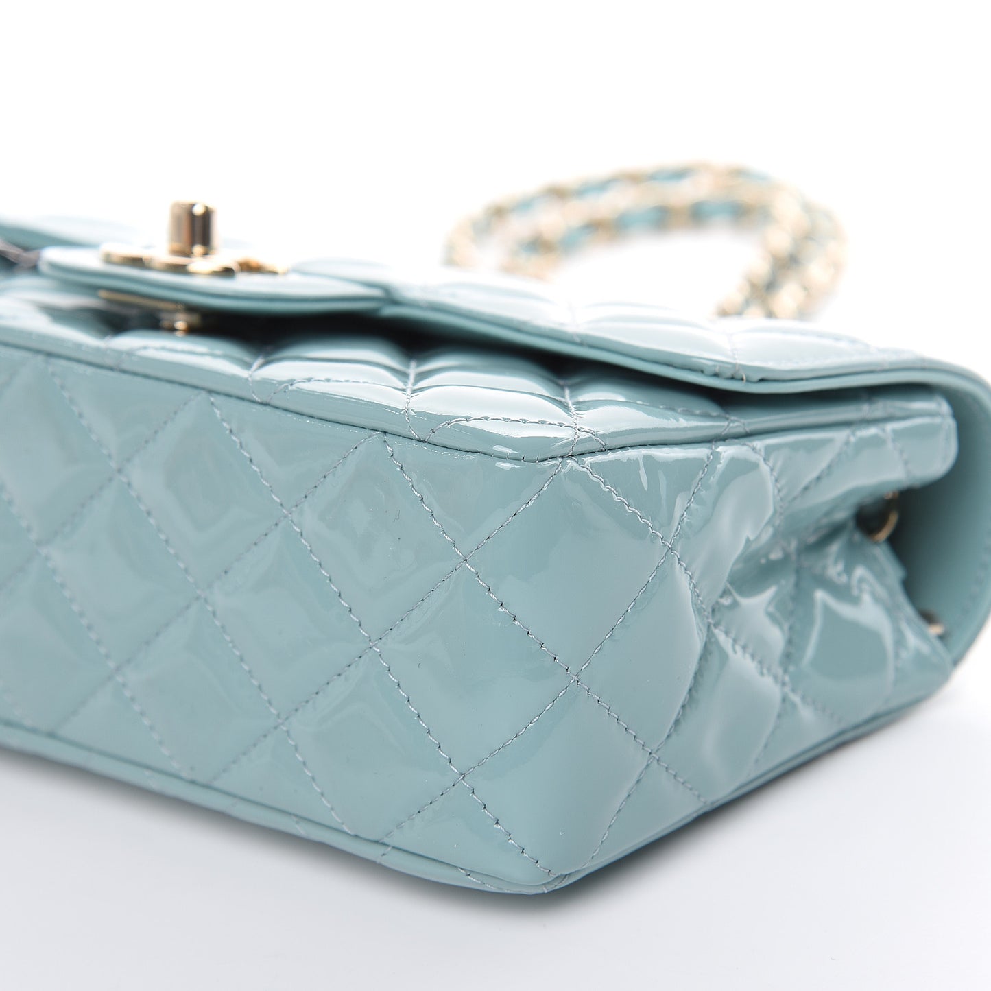 Patent Calfskin Quilted Mini Rectangular Flap Light Blue